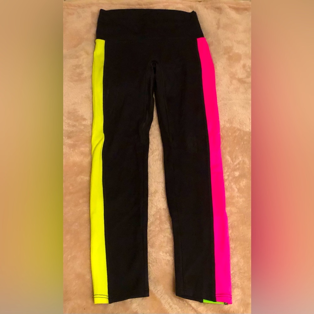 K-Deer Black ankle length Leggings with Neon Strips down Sides. Size SM.